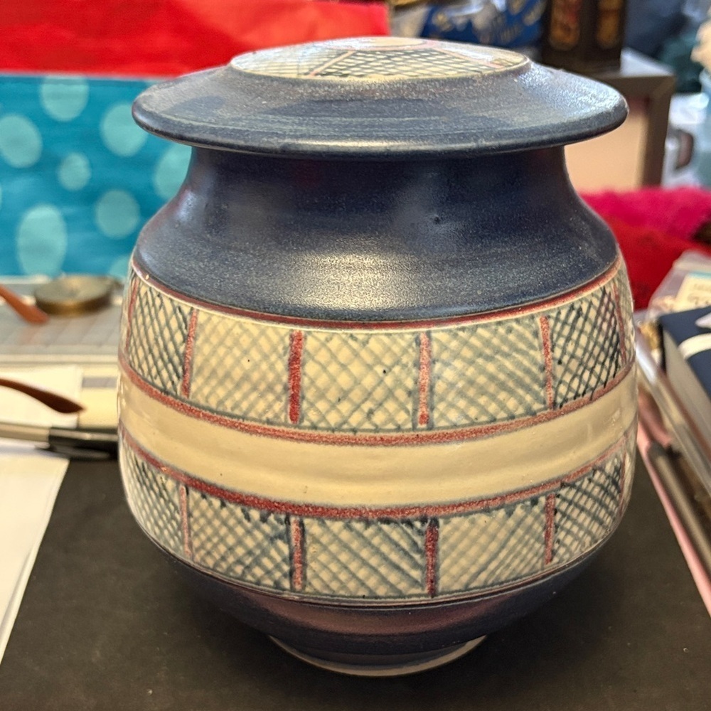 Vintage Blue and Cream Patterned Raku Studio Pottery Vase With Lid